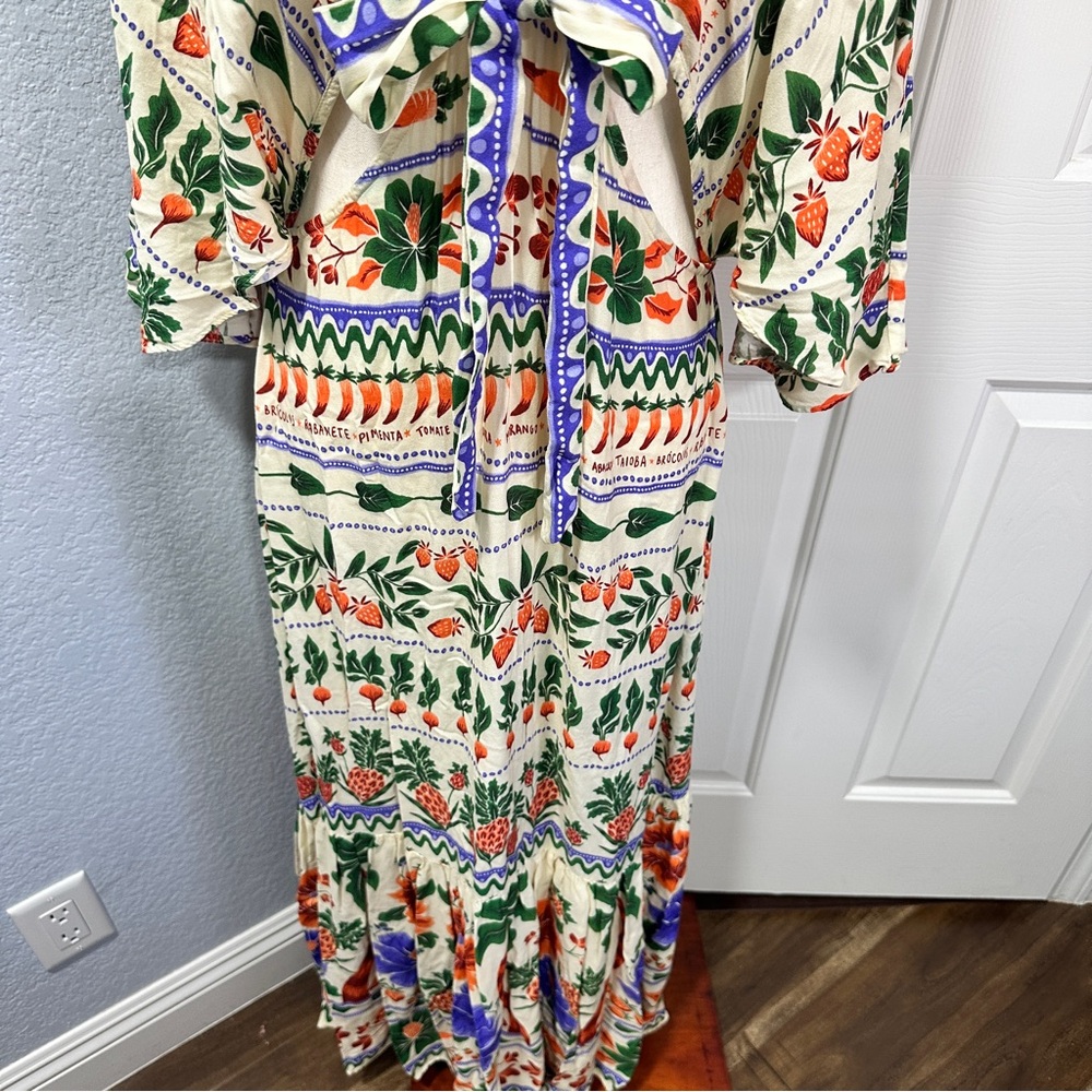 Farm Rio Size L V-Neck Kaftan Maxi Dress Colorful Coastal Cut Outs Resortwear - Picture 5 of 16